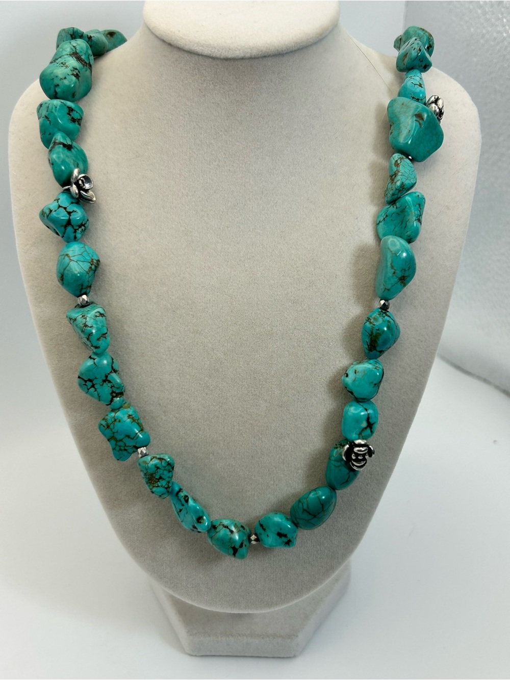 Lucky Brand Faux Turquoise Nugget Necklace Silver Floral Accents 29" Southwest